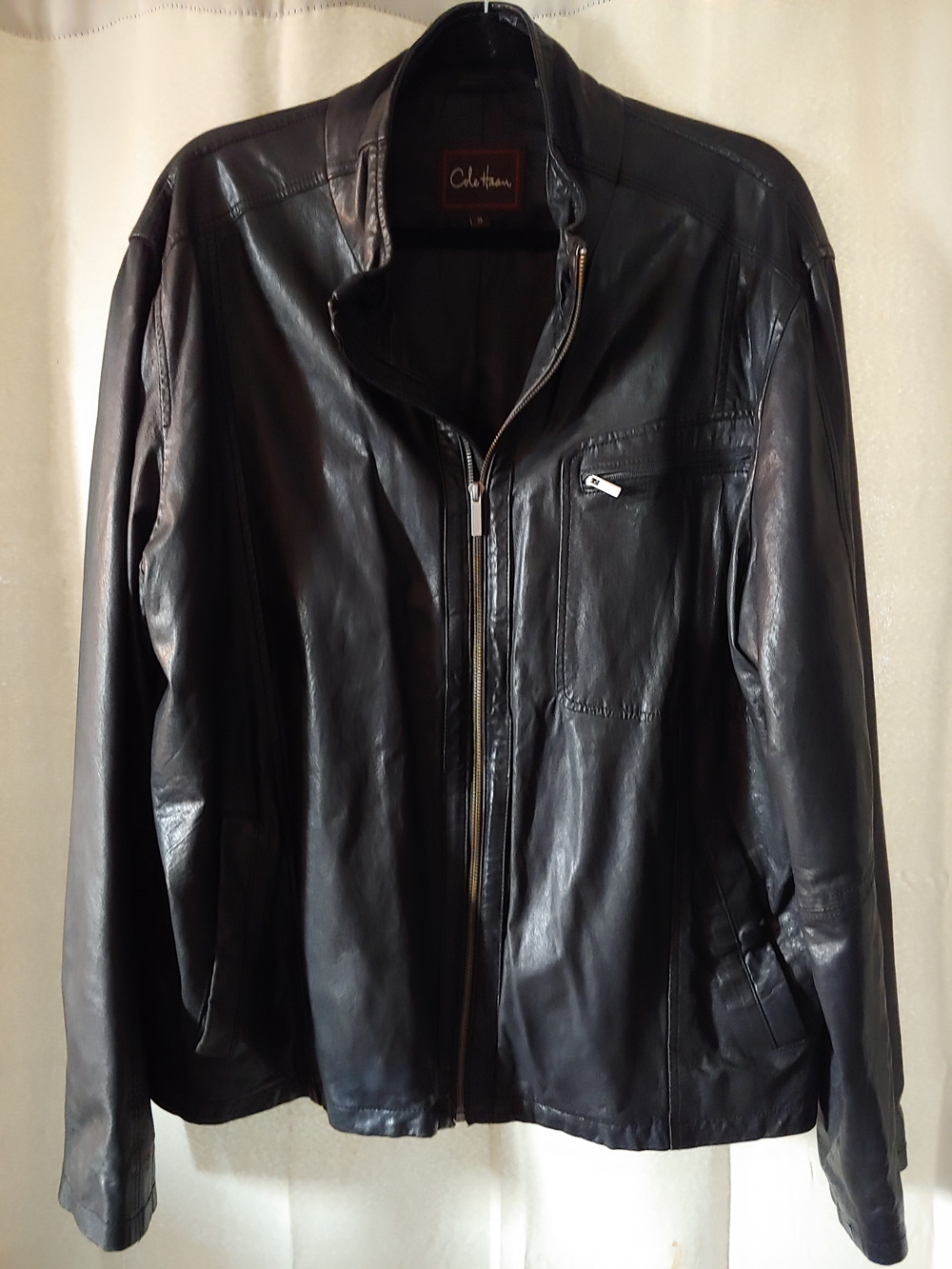 Cole Haan Black Lambskin Zip-Up Bomber Jacket